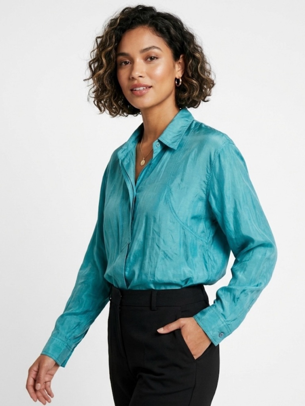 VTG Partners by Mervyn’s 100% Silk Button Up Shirt Teal Blue Medium